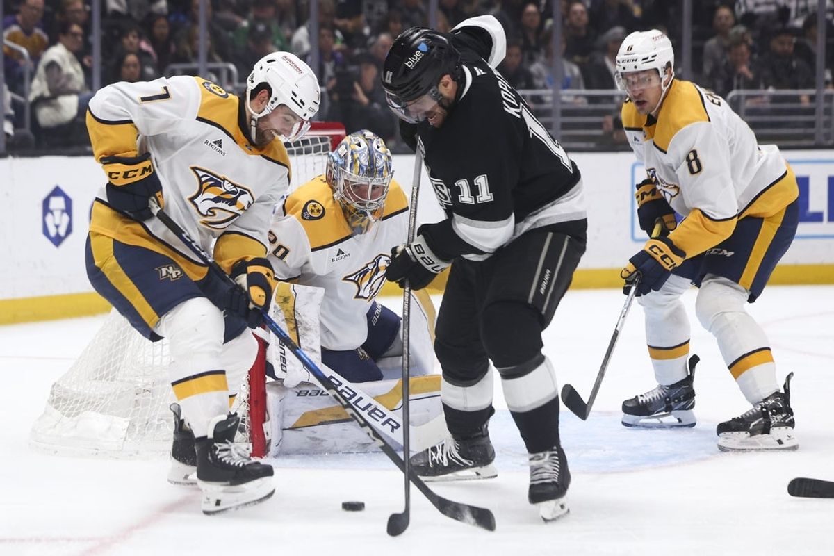 Mar 15, 2025; Los Angeles, California, USA; Nashville Predators goaltender Justus Annunen (29) looks on at game play during the second period of a hockey game against the Los Angeles Kings at Crypto.com Arena. Mandatory Credit: Jessica Alcheh-Imagn Images
