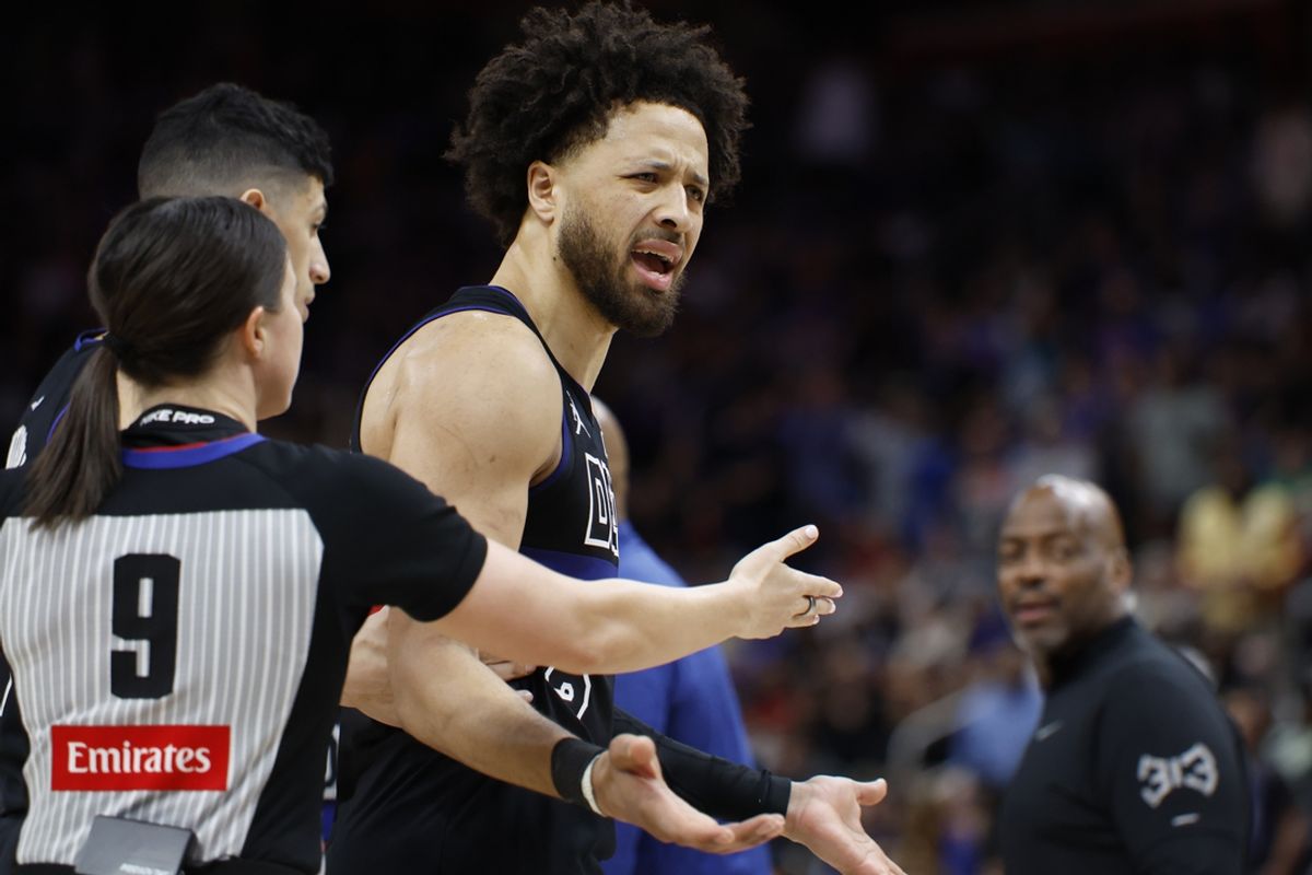Mar 15, 2025; Detroit, Michigan, USA;  Detroit Pistons guard Cade Cunningham (2) reacts to being called for a foul in the second half against the Oklahoma City Thunder at Little Caesars Arena. Mandatory Credit: Rick Osentoski-Imagn Images