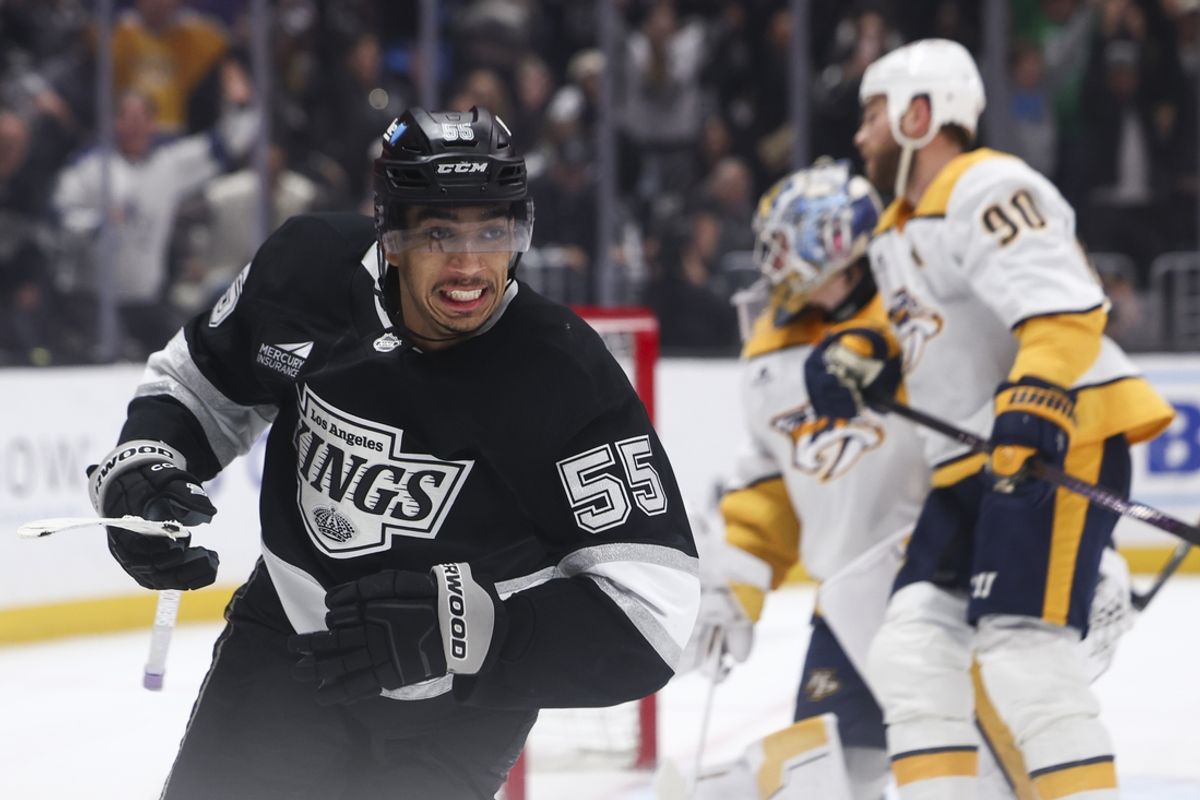 Mar 15, 2025; Los Angeles, California, USA; Los Angeles Kings right wing Quinton Byfield (55) reacts after scoring a goal against the Nashville Predators during overtime in a hockey game at Crypto.com Arena. Mandatory Credit: Jessica Alcheh-Imagn Images