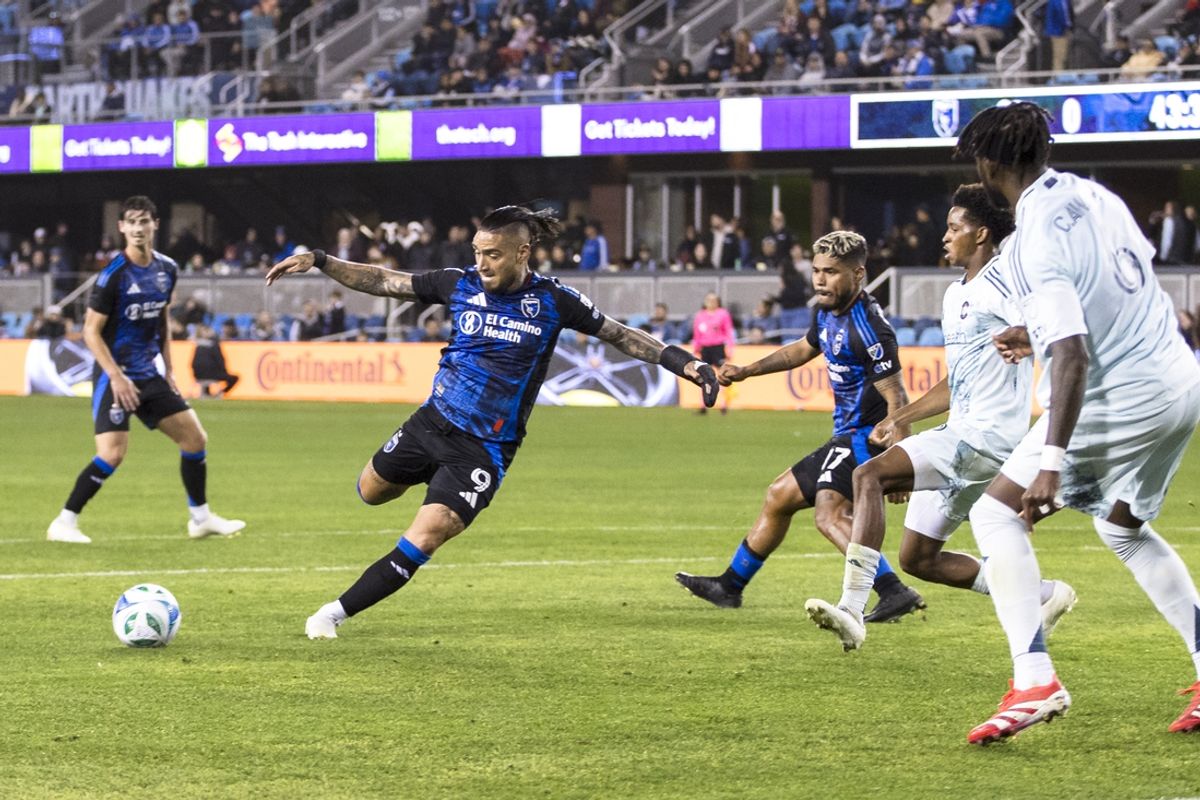 Mar 15, 2025; San Jose, California, USA; San Jose Earthquakes forward Cristian Arango (9) shoots against the Colorado Rapids during the first half at PayPal Park. Mandatory Credit: John Hefti-Imagn Images