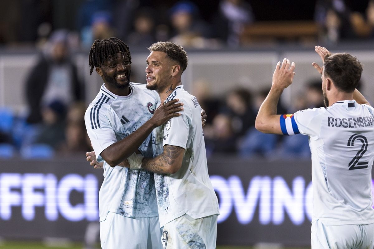 Mar 15, 2025; San Jose, California, USA; Colorado Rapids forward Calvin Harris (14) and other players celebrate scoring against the San Jose Earthquakes during the second half at PayPal Park. Mandatory Credit: John Hefti-Imagn Images