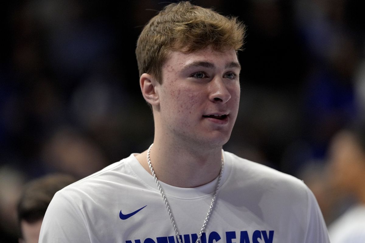 Mar 15, 2025; Charlotte, NC, USA; Duke Blue Devils forward Cooper Flagg (2) before the 2025 ACC Conference Championship game against the Louisville Cardinals at Spectrum Center. Mandatory Credit: Jim Dedmon-Imagn Images