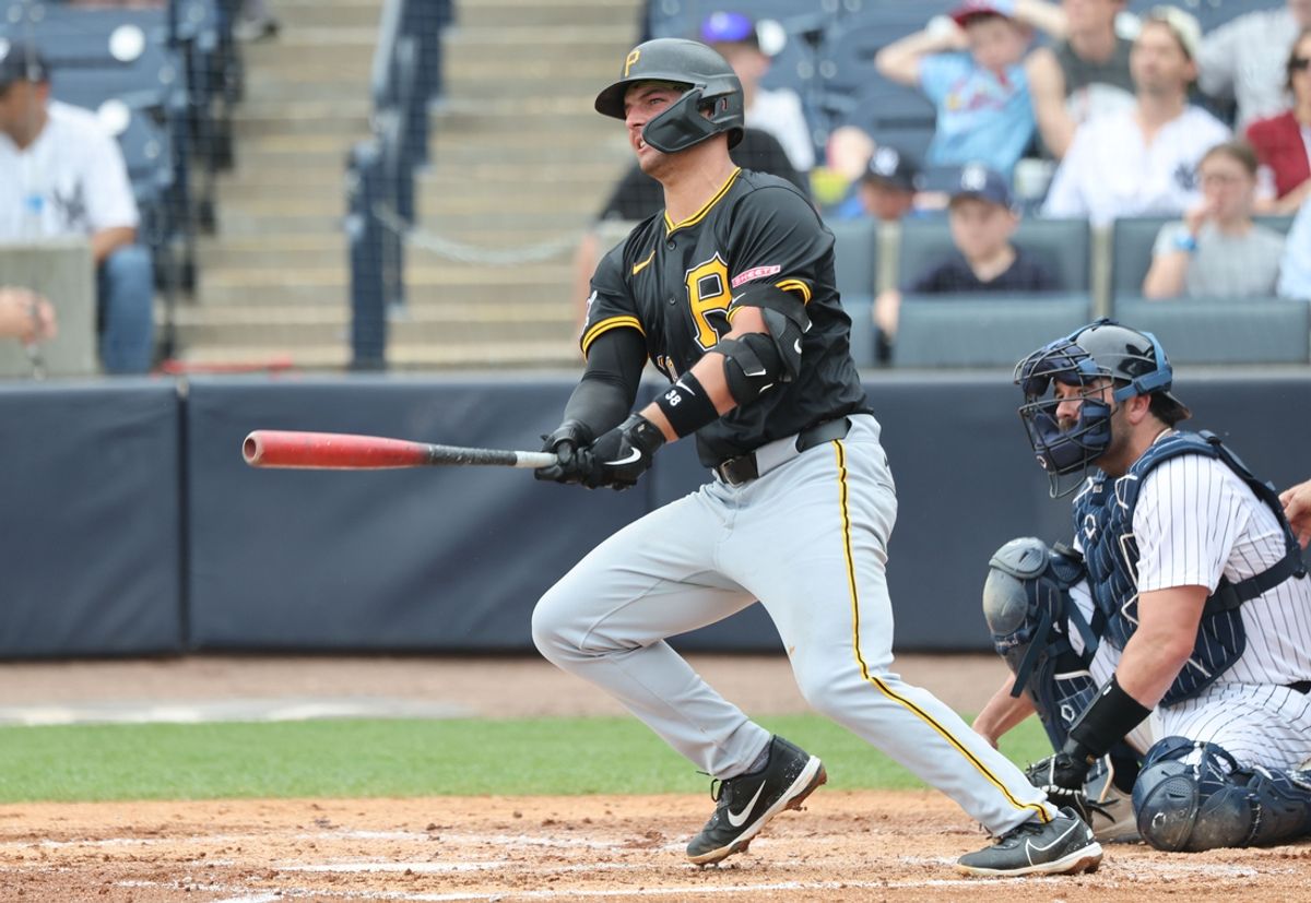 Mar 16, 2025; Tampa, Florida, USA;  Pittsburgh Pirates second baseman Nick Yorke (38) singles during the third inning against the New York Yankees at George M. Steinbrenner Field. Mandatory Credit: Kim Klement Neitzel-Imagn Images