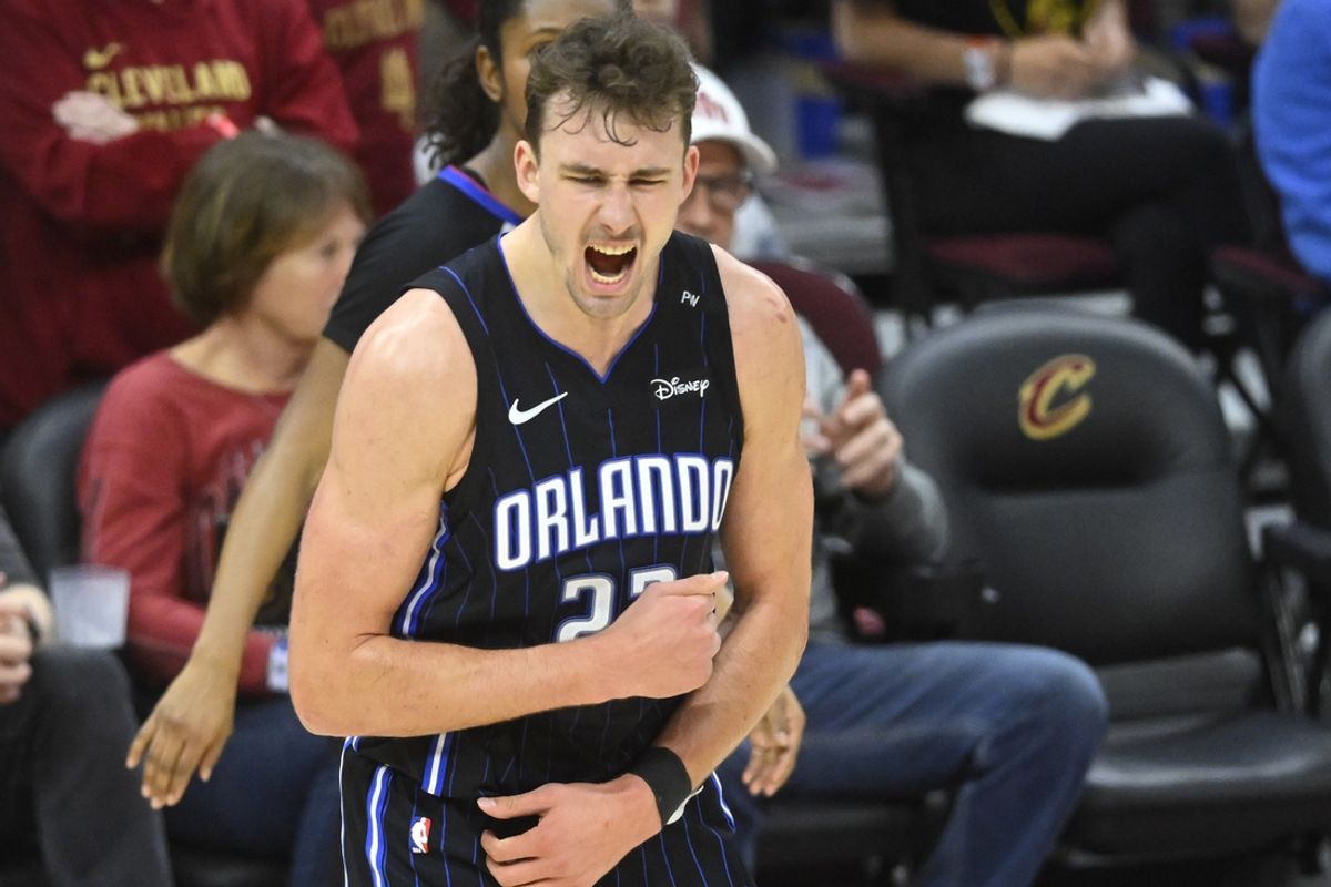 Mar 16, 2025; Cleveland, Ohio, USA; Orlando Magic forward Franz Wagner (22) celebrates a win over the Cleveland Cavaliers at Rocket Arena. Mandatory Credit: David Richard-Imagn Images