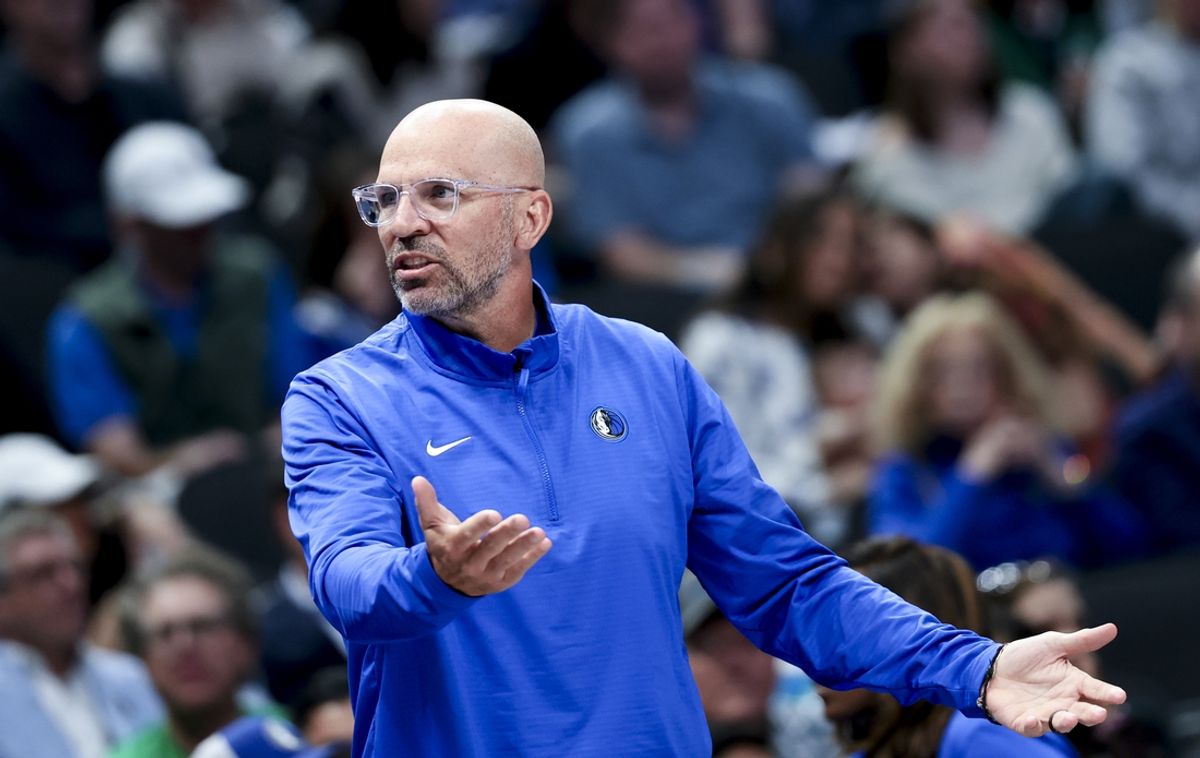 Mar 16, 2025; Dallas, Texas, USA;  Dallas Mavericks head coach Jason Kidd reacts against the Philadelphia 76ers during the second half at American Airlines Center. Mandatory Credit: Kevin Jairaj-Imagn Images