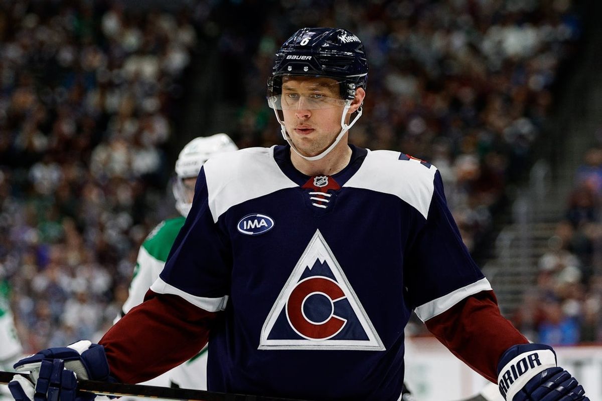 Mar 16, 2025; Denver, Colorado, USA; Colorado Avalanche defenseman Erik Johnson (6) in the first period against the Dallas Stars at Ball Arena. Mandatory Credit: Isaiah J. Downing-Imagn Images