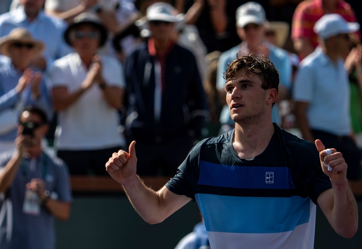 Jack Draper celebrates winning match point over Holger Rune during the men's championship final of the BNP Paribas Open in Indian Wells, Calif., Sunday, March 16, 2025.