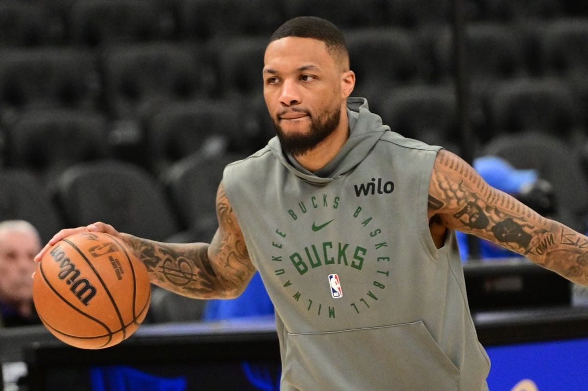 Mar 16, 2025; Milwaukee, Wisconsin, USA; Milwaukee Bucks guard Damian Lillard (0) warms up before game against the Oklahoma City Thunder at Fiserv Forum. Mandatory Credit: Benny Sieu-Imagn Images