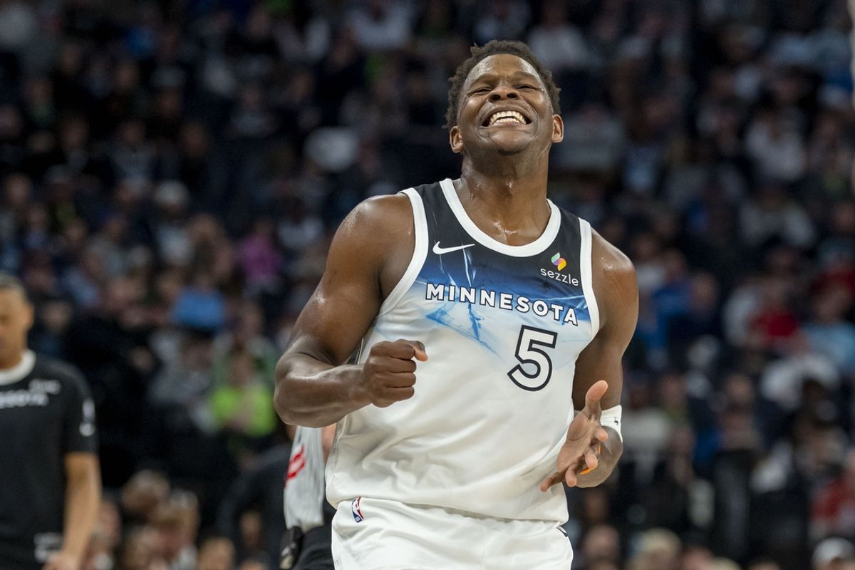 Mar 16, 2025; Minneapolis, Minnesota, USA; Minnesota Timberwolves guard Anthony Edwards (5) reacts after missing a shot against the Utah Jazz in the first half at Target Center. Mandatory Credit: Jesse Johnson-Imagn Images