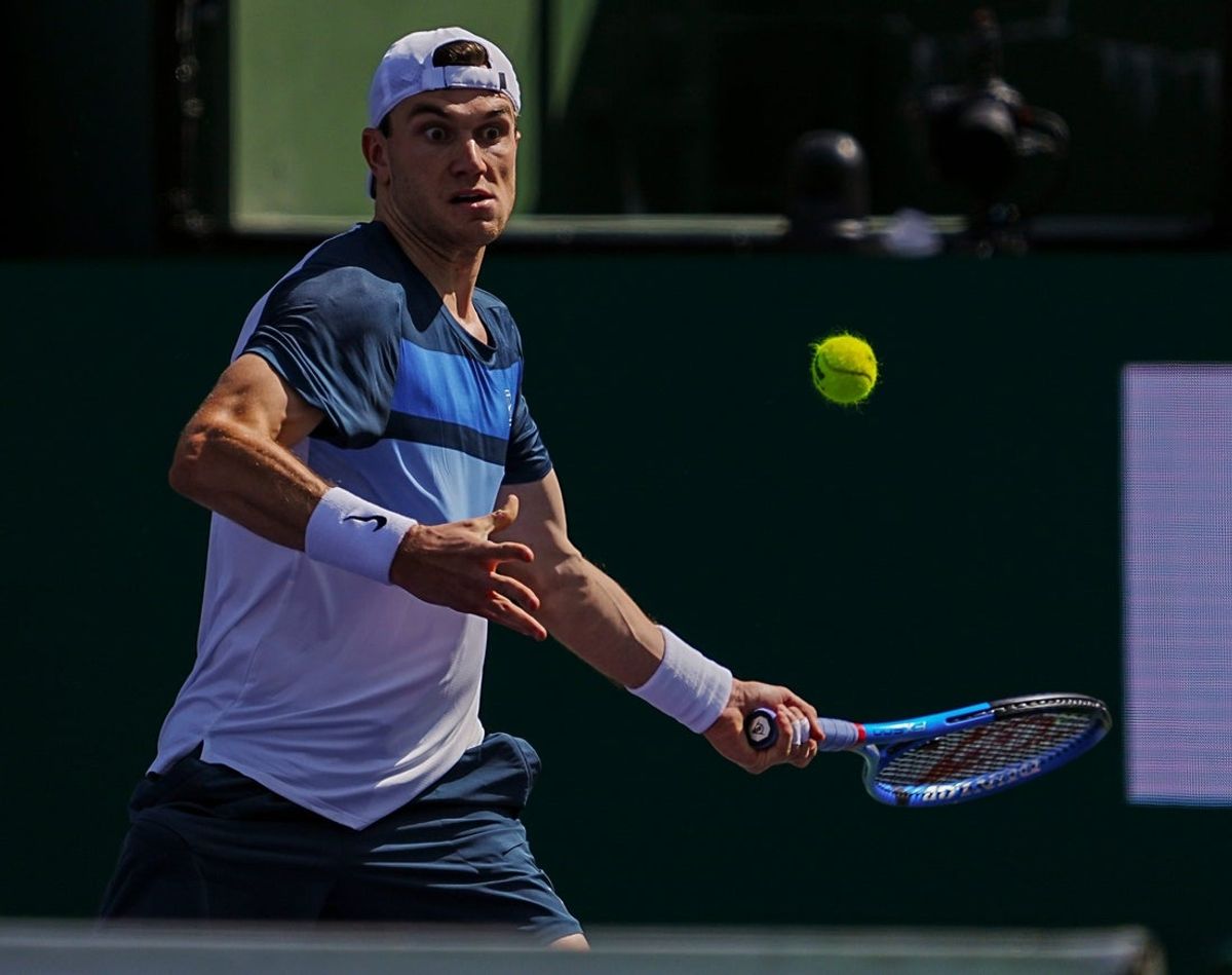 Jack Draper hits back to Holger Rune during the men's championship final of the BNP Paribas Open in Indian Wells, Calif., Sunday, March 16, 2025.