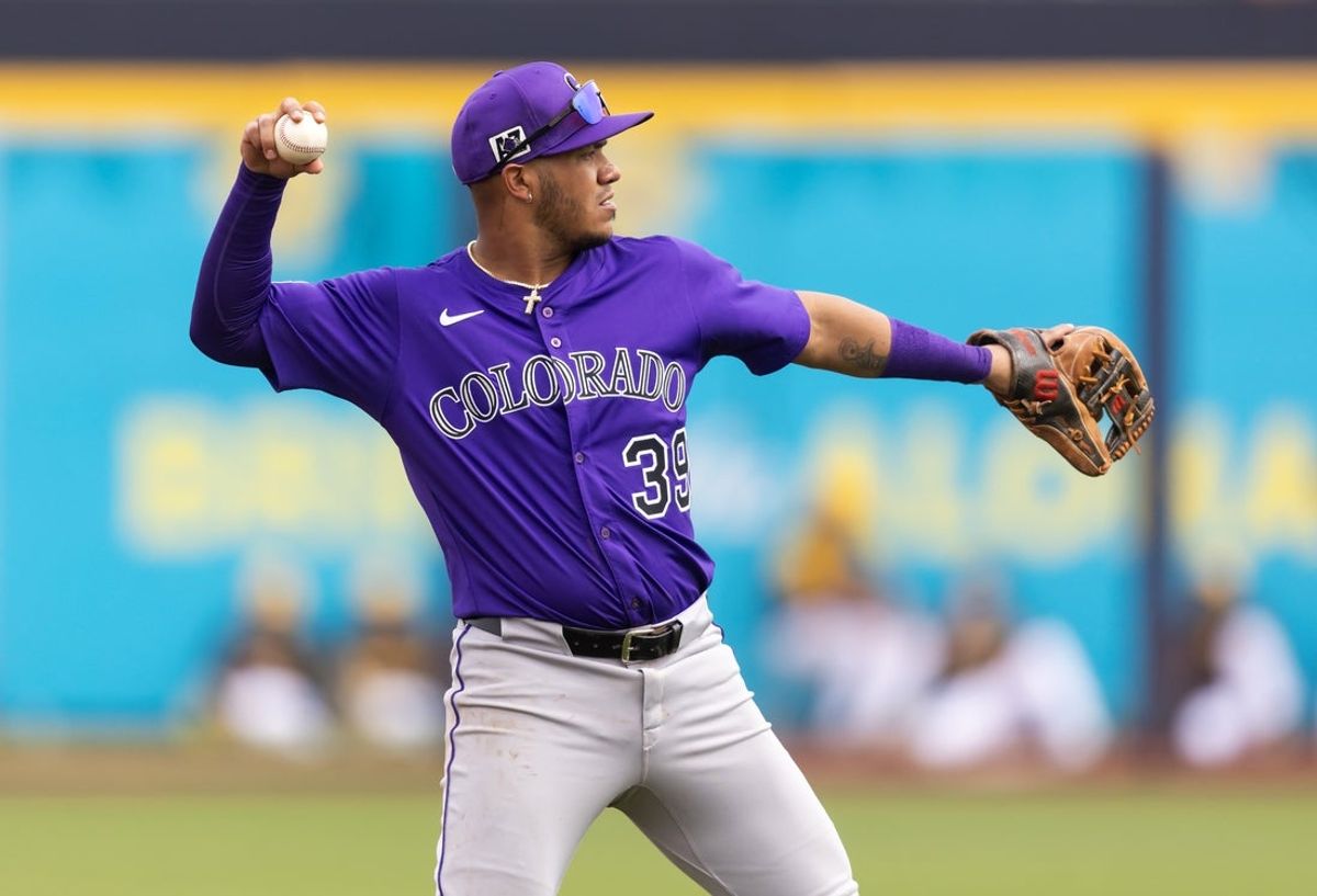 Mar 5, 2025; Peoria, Arizona, USA; Colorado Rockies infielder Thairo Estrada against the San Diego Padres during a spring training game at Peoria Sports Complex. Mandatory Credit: Mark J. Rebilas-Imagn Images