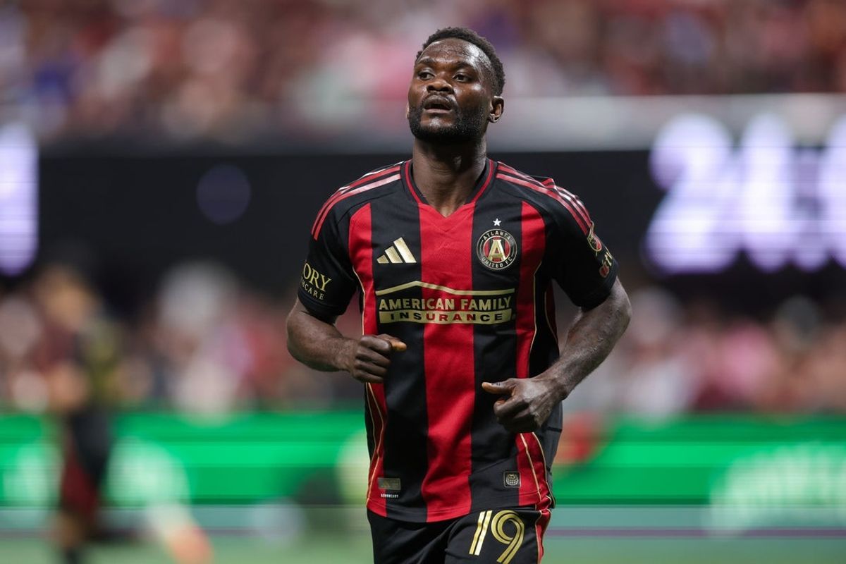 Mar 16, 2025; Atlanta, Georgia, USA; Atlanta United forward Emmanuel Latte Lath (19) in action against Inter Miami in the first half at Mercedes-Benz Stadium. Mandatory Credit: Brett Davis-Image Images
