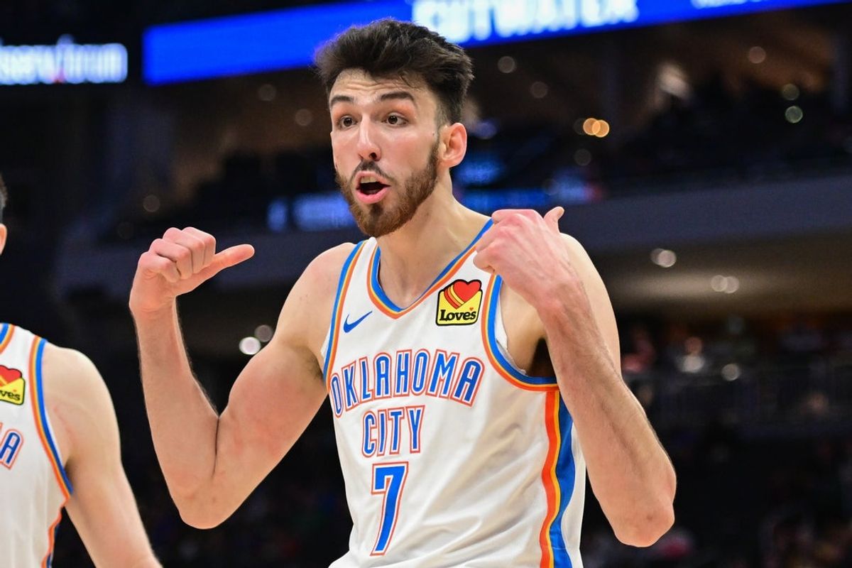 Mar 16, 2025; Milwaukee, Wisconsin, USA;  Oklahoma City Thunder center Chet Holmgren (7) reacts in the fourth quarter against the Milwaukee Bucks at Fiserv Forum. Mandatory Credit: Benny Sieu-Imagn Images
