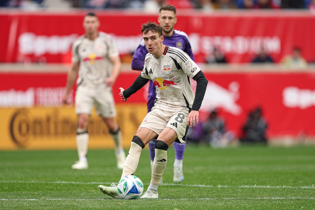 Mar 15, 2025; Harrison, New Jersey, USA; New York Red Bulls midfielder Peter Stroud (8) in action against Orlando City during the second half at Red Bull Arena. Mandatory Credit: Vincent Carchietta-Imagn Images