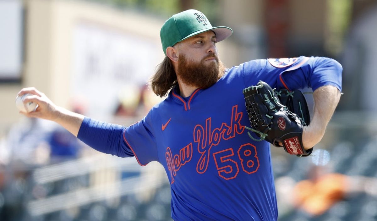 Mar 17, 2025; Jupiter, Florida, USA;  New York Mets starting pitcher Paul Blackburn (58) pitches against the Miami Marlins during the first inning at Roger Dean Chevrolet Stadium. Mandatory Credit: Rhona Wise-Imagn Images