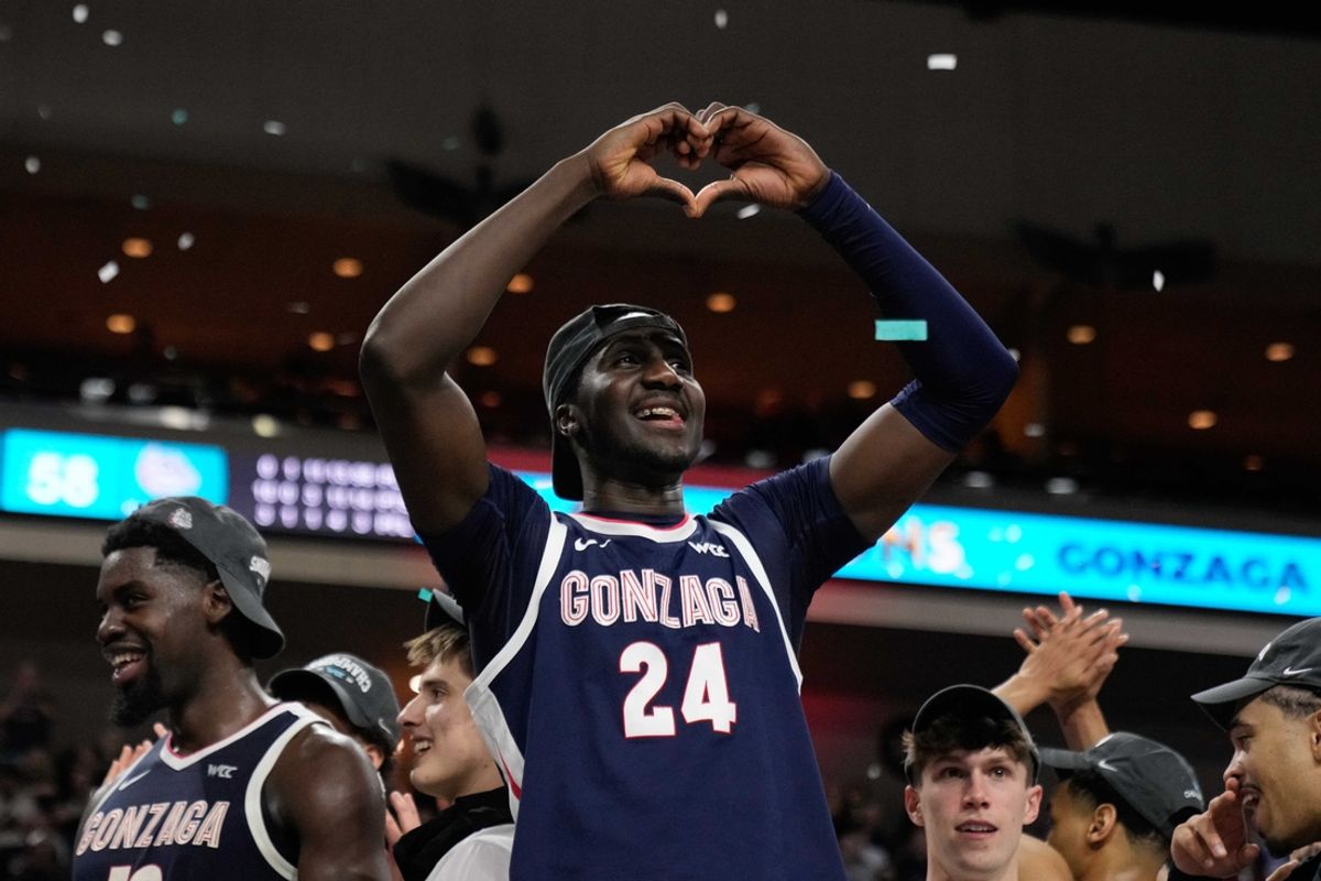 March 11, 2025; Las Vegas, NV, USA; Gonzaga Bulldogs center Ismaila Diagne (24) celebrates after defeating the St. Mary's Gaels after the game in the final of the West Coast Conference tournament at Orleans Arena. Mandatory Credit: Kyle Terada-Imagn Images
