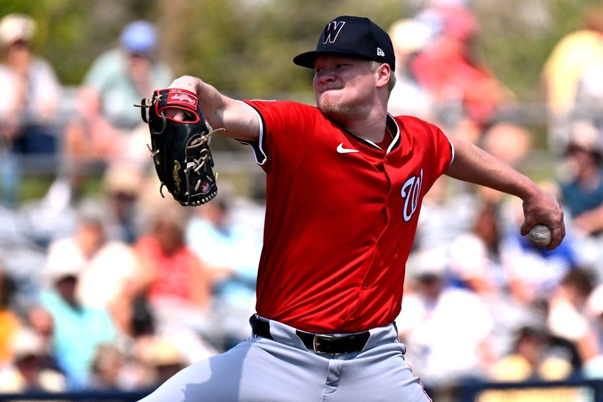 Mar 13, 2025; Port Charlotte, Florida, USA; Washington Nationals starting pitcher Dj Herz (77) throws a pitch in the first inning against the Tampa Bays Rays during spring training at Charlotte Sports Park. Mandatory Credit: Jonathan Dyer-Imagn Images