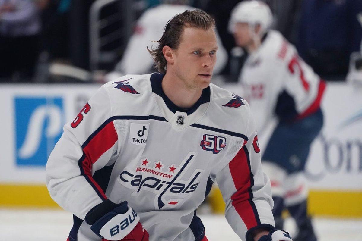 Mar 15, 2025; San Jose, California, USA;  Washington Capitals defenseman Jakob Chychrun (6) takes the ice for warmups against the San Jose Sharks at SAP Center at San Jose. Mandatory Credit: David Gonzales-Imagn Images
