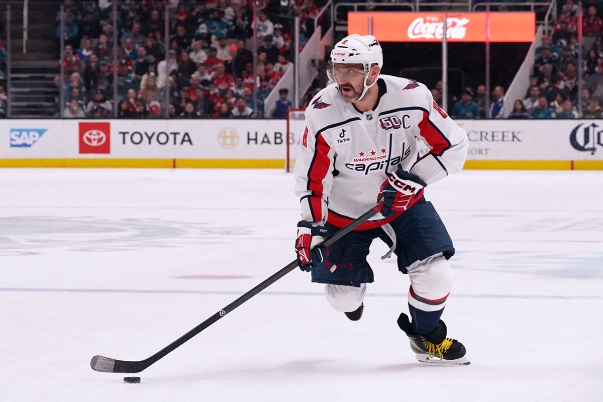 Mar 15, 2025; San Jose, California, USA;  Washington Capitals left wing Alex Ovechkin (8) controls the puck in the second period against the San Jose Sharks at SAP Center at San Jose. Mandatory Credit: David Gonzales-Imagn Images