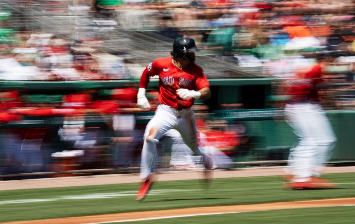Jarren Duran, of the Boston Red Sox scores against the Baltimore Orioles on a double by Rafael Devers during a Spring Training game at JetBlue Park in Fort Myers on Monday, March 17, 2025.