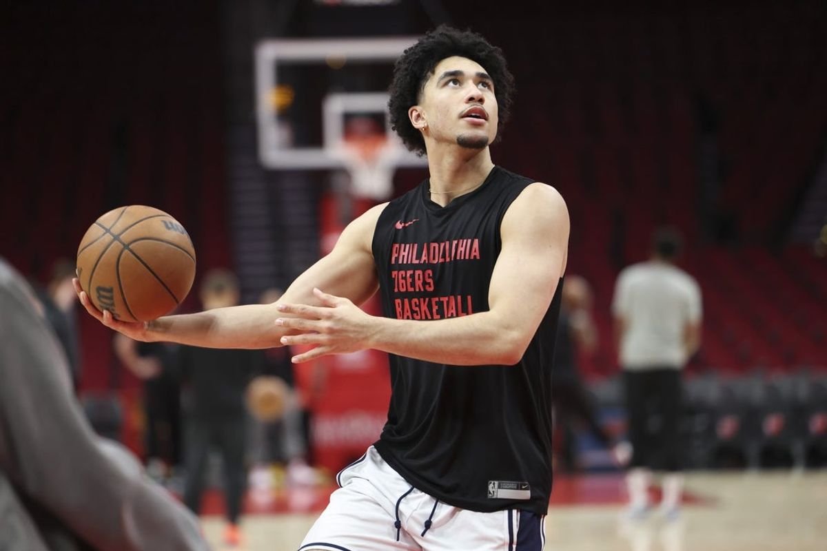 Mar 17, 2025; Houston, Texas, USA; Philadelphia 76ers guard Jared McCain (20) warms up before the game against the Houston Rockets at Toyota Center. Mandatory Credit: Troy Taormina-Imagn Images