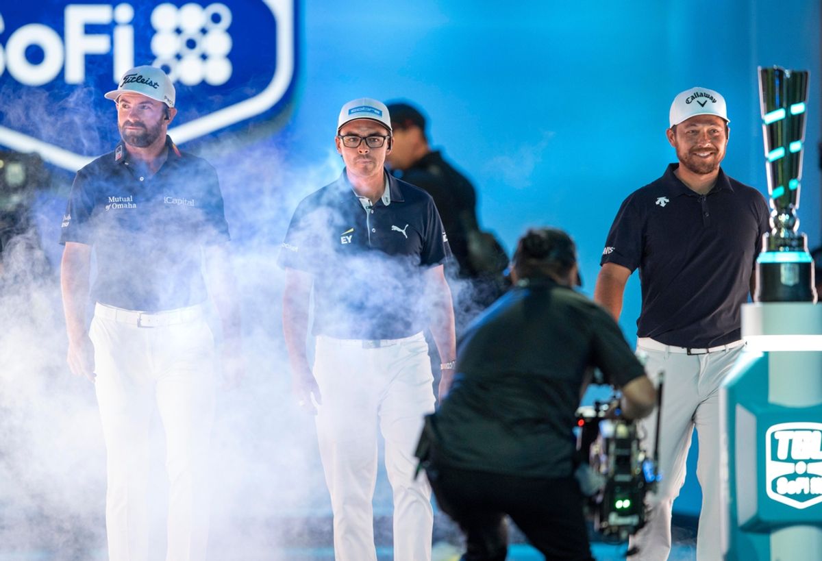 Xander Schauffele, Rickie Fowler and Cameron Young of New York Golf Club are introduced against Los Angeles Golf Club during the TGL semifinal match at SoFi Center on March 17, 2025, in Palm Beach Gardens, Florida.