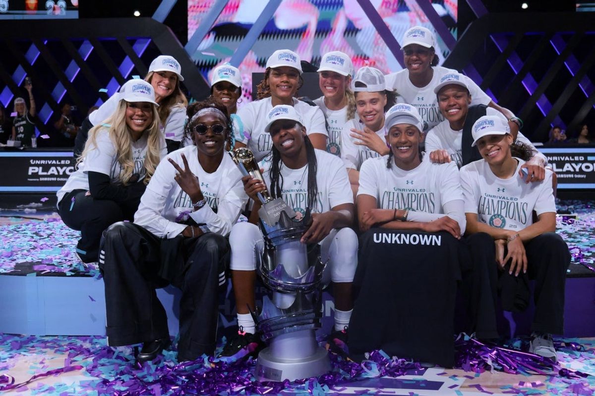 Mar 17, 2025; Miami, FL, USA; Rose BC guard Chelsea Gray (center) celebrates with teammates after winning the Unrivaled Championship game against the Vinyl BC at Wayfair Arena. Mandatory Credit: Sam Navarro-Imagn Images