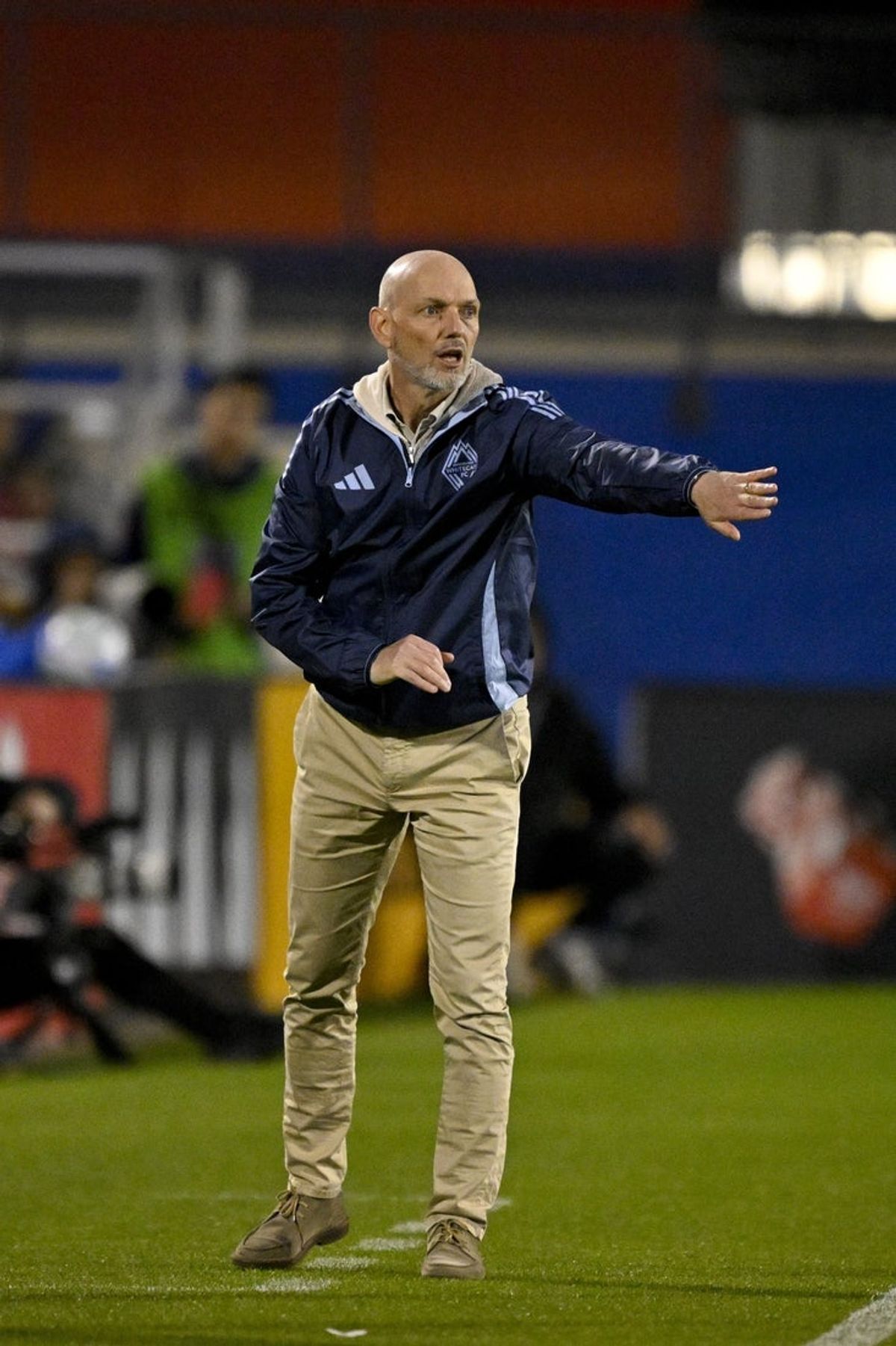 Mar 15, 2025; Frisco, Texas, USA; Vancouver Whitecaps FC head coach Jesper Sorensen during the game between FC Dallas and Vancouver Whitecaps FC at Toyota Stadium. Mandatory Credit: Jerome Miron-Imagn Images