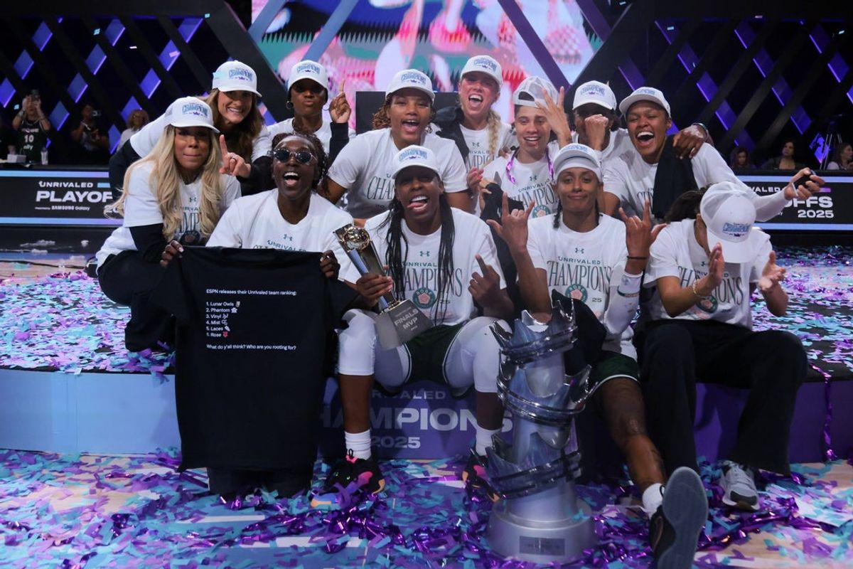 Mar 17, 2025; Miami, FL, USA; Rose BC guard Chelsea Gray (center) celebrates with teammates after winning the Unrivaled Championship game against the Vinyl BC at Wayfair Arena. Mandatory Credit: Sam Navarro-Imagn Images