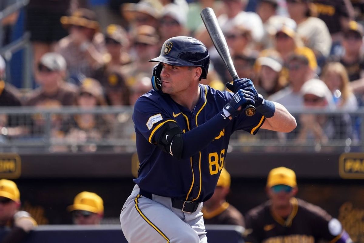 Feb 24, 2024; Peoria, Arizona, USA; Milwaukee Brewers first baseman Tyler Black (86) bats against the San Diego Padres during the first inning of a Spring Training game at Peoria Sports Complex.