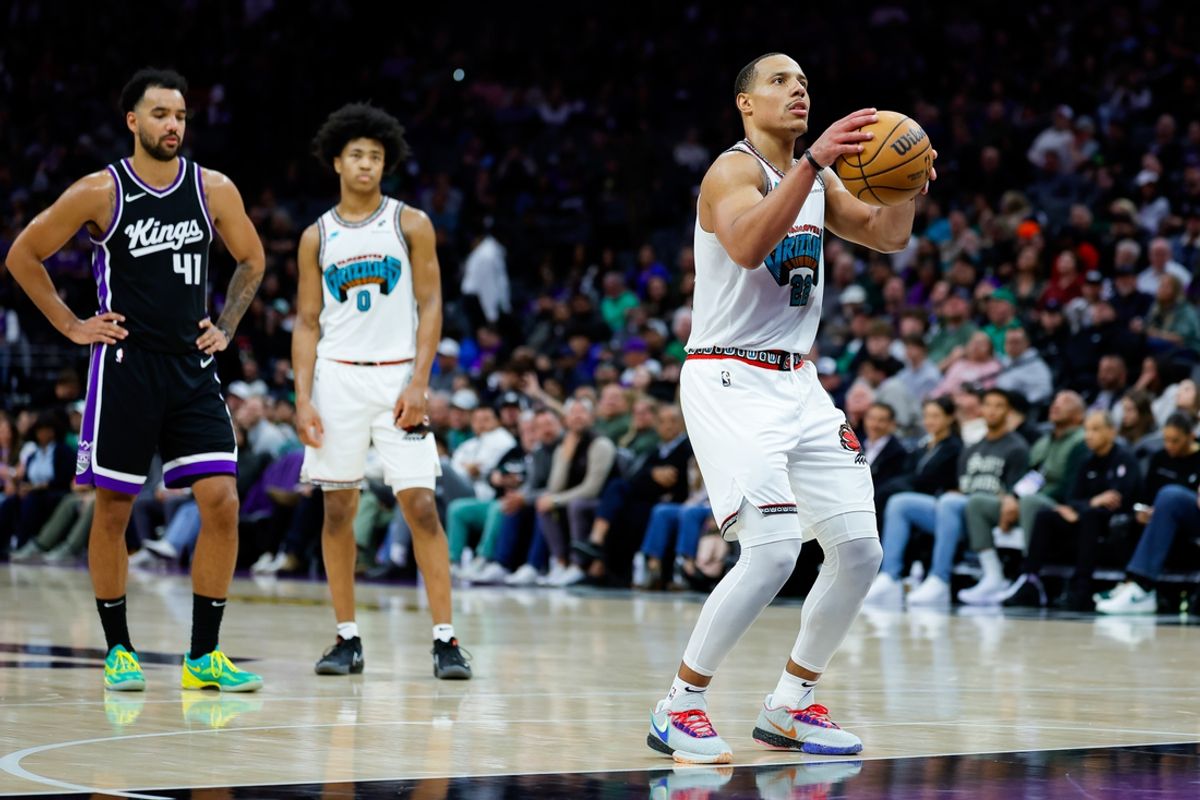 Mar 17, 2025; Sacramento, California, USA; Memphis Grizzlies guard Desmond Bane (22) shoots a free throw during the fourth quarter against the Sacramento Kings at Golden 1 Center. Mandatory Credit: Sergio Estrada-Imagn Images