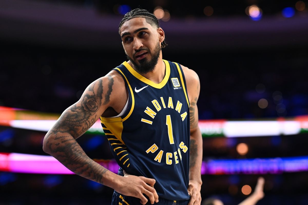 Mar 14, 2025; Philadelphia, Pennsylvania, USA; Indiana Pacers forward Obi Toppin (1) reacts against the Philadelphia 76ers in the third quarter at Wells Fargo Center. Mandatory Credit: Kyle Ross-Imagn Images