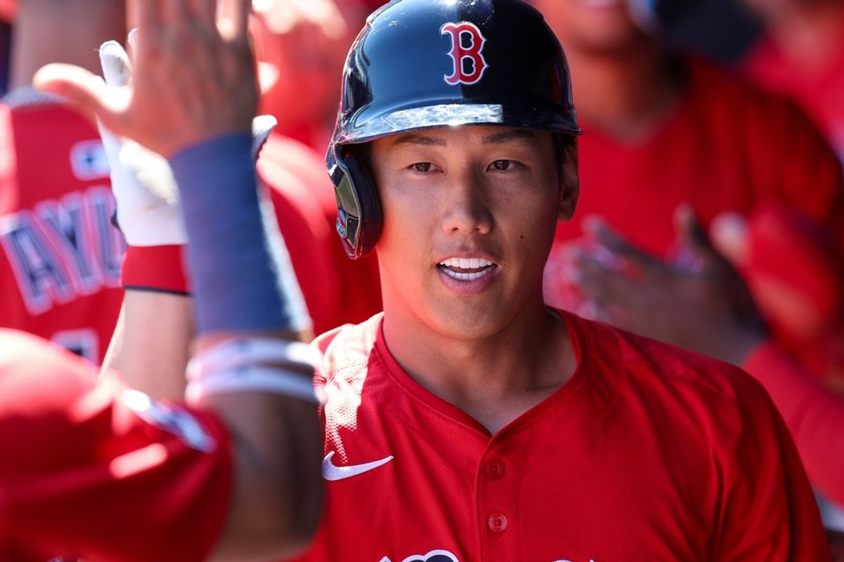 Mar 18, 2025; Tampa, Florida, USA; Boston Red Sox outfielder Masataka Yoshida (7) celebrates after hitting a two run home run against the New York Yankees in the sixth inning during spring training at George M. Steinbrenner Field. Mandatory Credit: Nathan Ray Seebeck-Imagn Images