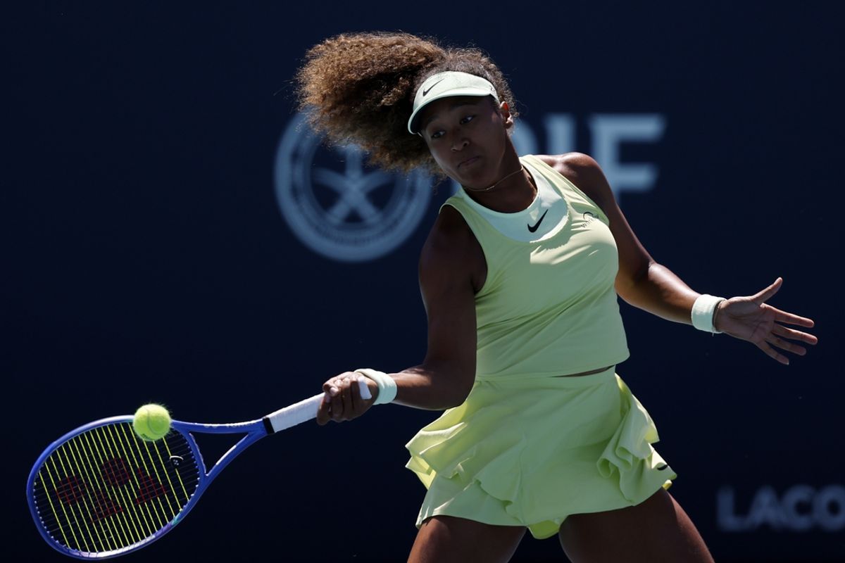Mar 18, 2025; Miami, FL, USA; Naomi Osaka (JPN) hits a forehand against Yulia Starodubtseva (UKR) (not pictured) on day one of the Miami Open at Hard Rock Stadium. Mandatory Credit: Geoff Burke-Imagn Images