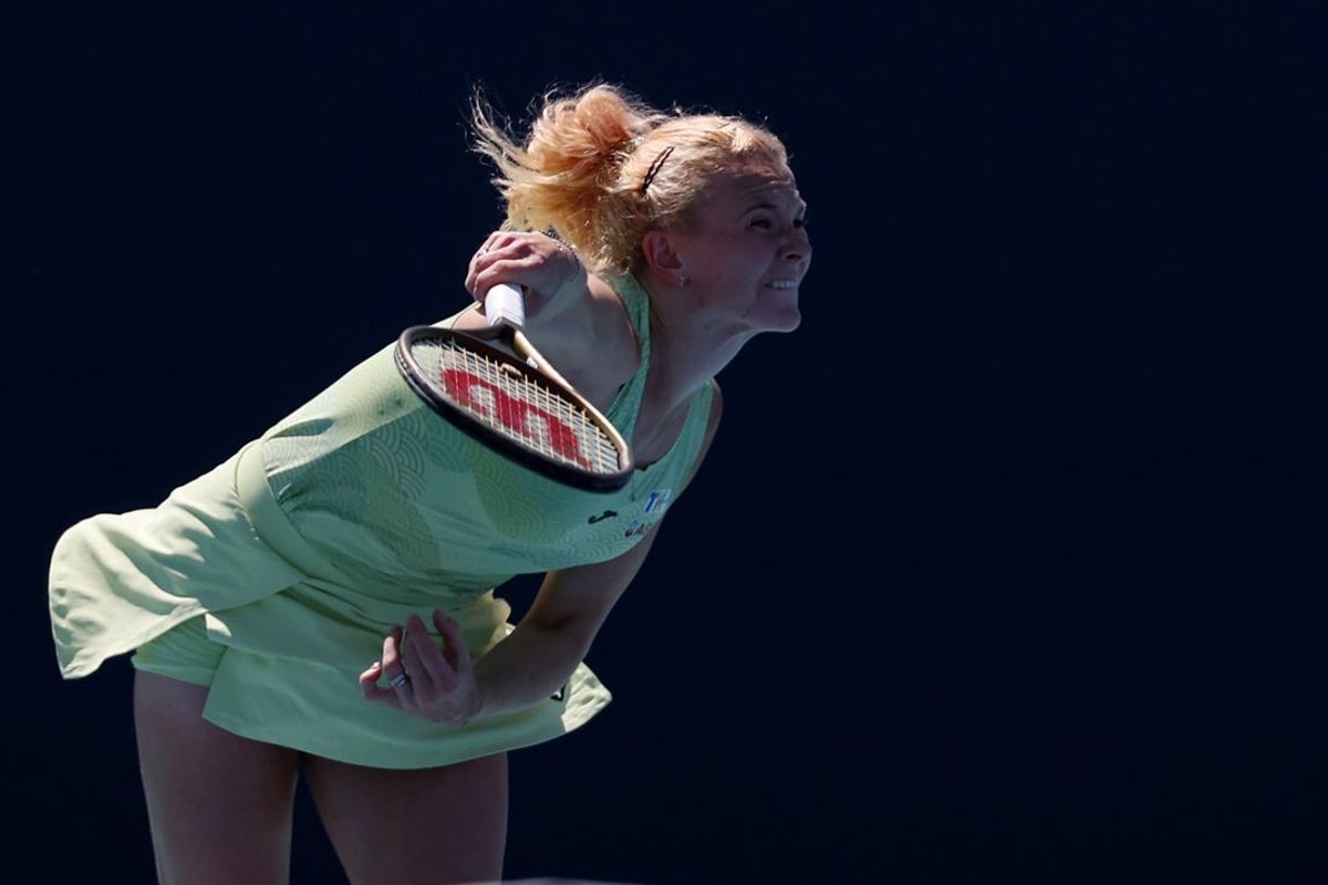 Mar 18, 2025; Miami, FL, USA; Katerina Siniakova (CZE) serves against Yue Yuan (CHN)(not pictured) on day one of the Miami Open at Hard Rock Stadium. Mandatory Credit: Geoff Burke-Imagn Images