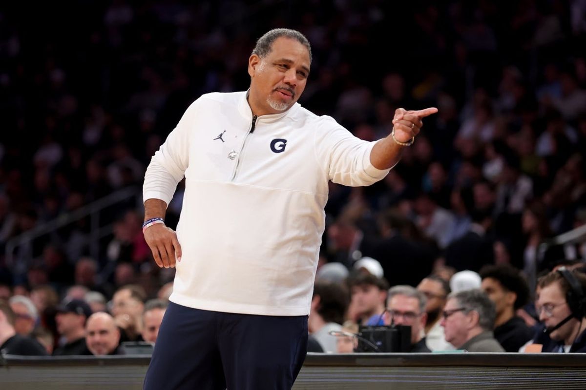 Mar 12, 2025; New York, NY, USA; Georgetown Hoyas head coach Ed Cooley coaches against the DePaul Blue Demons during the first half at Madison Square Garden. Mandatory Credit: Brad Penner-Imagn Images
