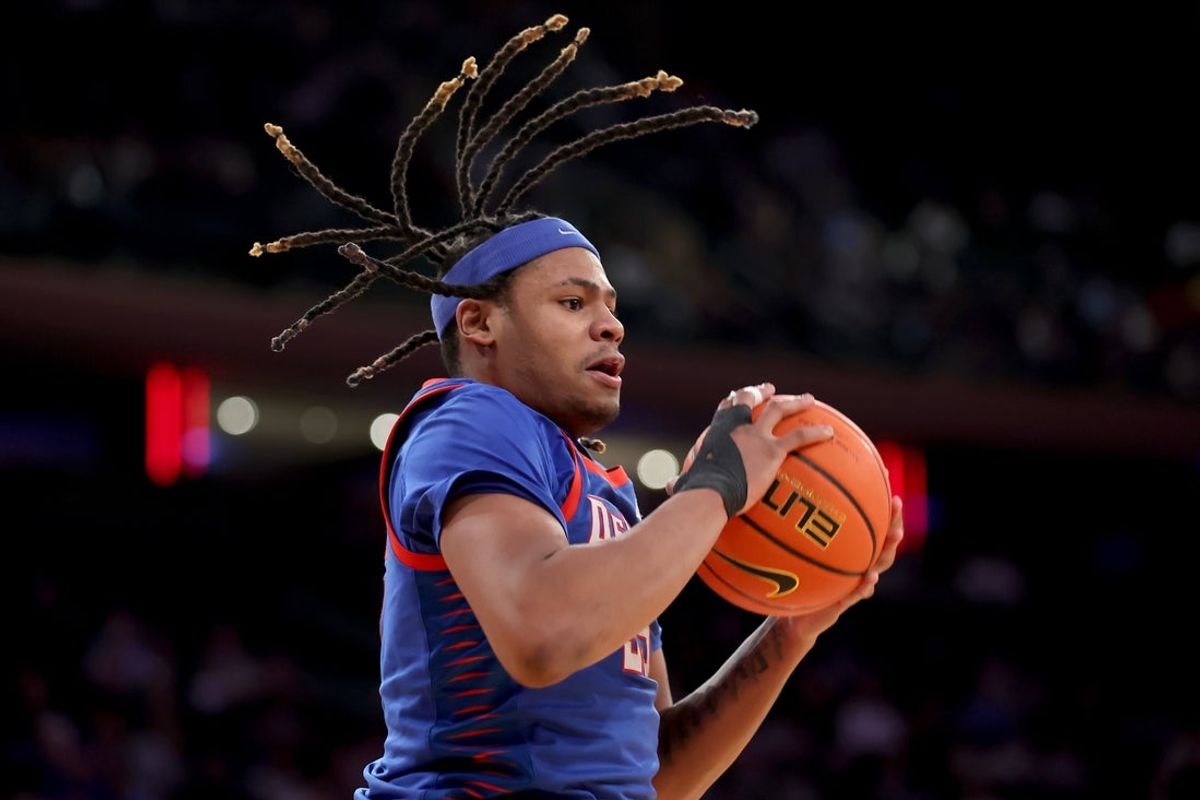 Mar 12, 2025; New York, NY, USA; DePaul Blue Demons forward NJ Benson (35) grabs a rebound against the Georgetown Hoyas during the second half at Madison Square Garden. Mandatory Credit: Brad Penner-Imagn Images