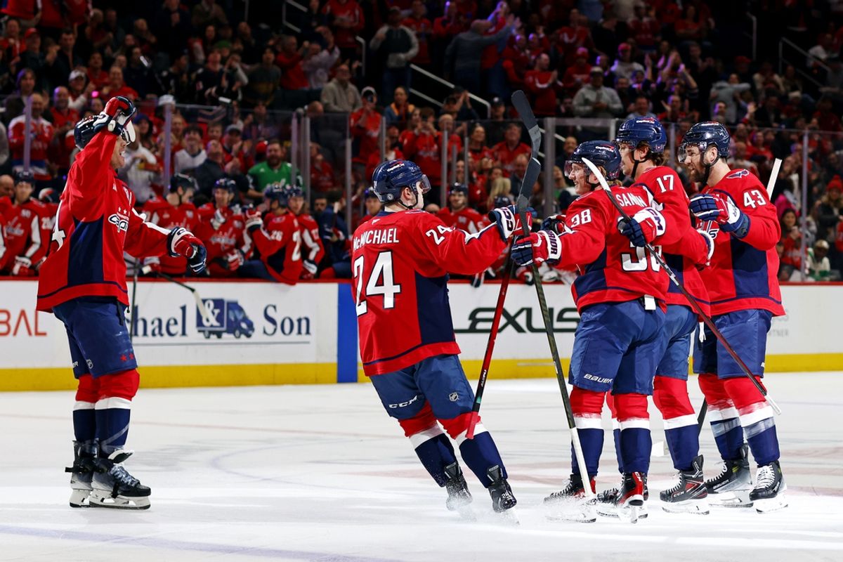 Mar 18, 2025; Washington, District of Columbia, USA; Washington Capitals center Dylan Strome (17) celebrates after scoring a goal during the first period against the Detroit Red Wings at Capital One Arena. Mandatory Credit: Peter Casey-Imagn Images