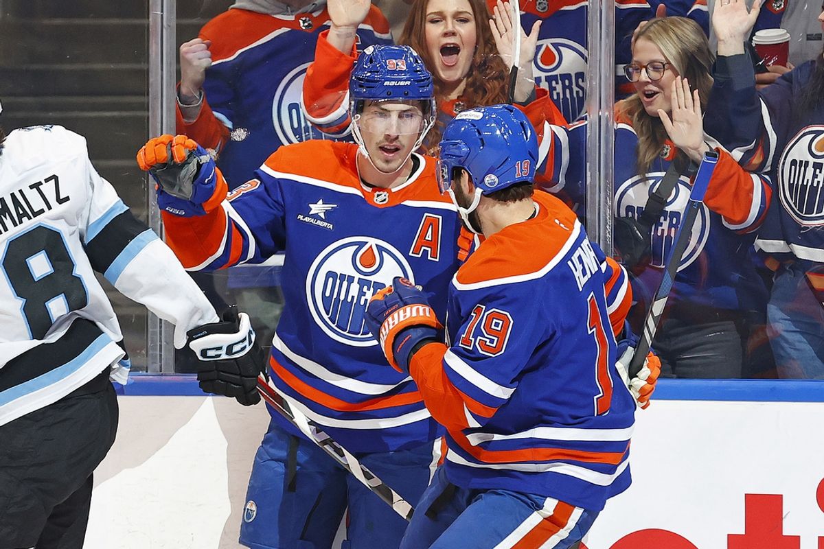 Mar 18, 2025; Edmonton, Alberta, CAN; Edmonton Oilers forward Ryan Nugent-Hopkins (93) celebrates after scoring a goal during the first period against the Utah Hockey Club at Rogers Place. Mandatory Credit: Perry Nelson-Imagn Images