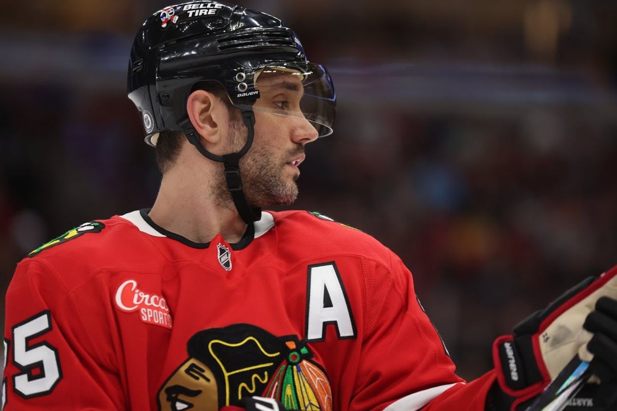 Mar 18, 2025; Chicago, Illinois, USA; Chicago Blackhawks defenseman Alec Martinez (25) skates during a pause in play during the second period against the Seattle Kraken at United Center. Mandatory Credit: Talia Sprague-Imagn Images