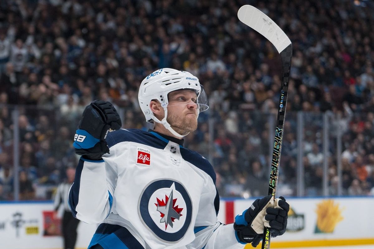 Mar 18, 2025; Vancouver, British Columbia, CAN; Winnipeg Jets forward Nikolaj Ehlers (27) celebrates his goal against the Vancouver Canucks in the first period at Rogers Arena. Mandatory Credit: Bob Frid-Imagn Images