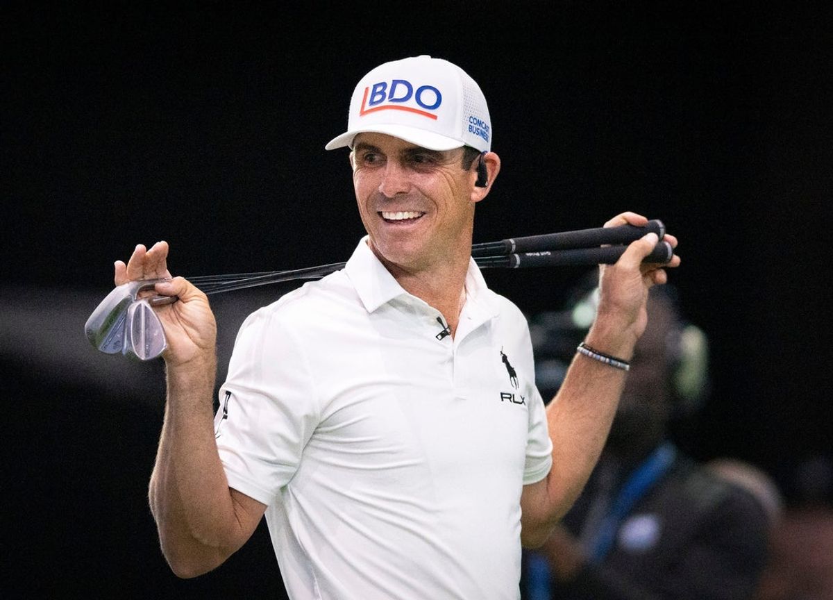 Billy Horschel of Atlanta Drive GC smiles against Bay Club Golf in the TGL semifinal match at SoFi Center on March 18, 2025, in Palm Beach Gardens, Florida.