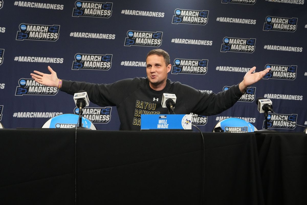 Mar 19, 2025; Providence, RI, USA; McNeese State Cowboys head coach Will Wade answers questions during the first round practice session press conference at Amica Mutual Pavilion. Mandatory Credit: Gregory Fisher-Imagn Images