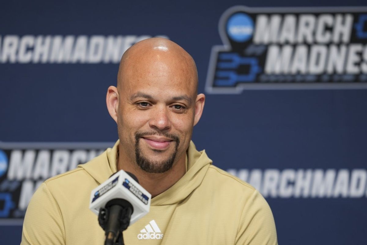 Mar 19, 2025; Lexington, KY, USA;  Wofford head coach Dwight Perry speak to media during NCAA Tournament First Round Practice at Rupp Arena. Mandatory Credit: Aaron Doster-Imagn Images