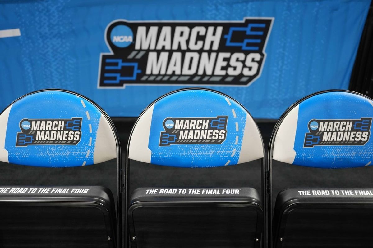 Mar 19, 2025; Wichita, KS, USA; The March Madness logo on the team seats at the Intrust Bank Arena. Mandatory Credit: Kirby Lee-Imagn Images