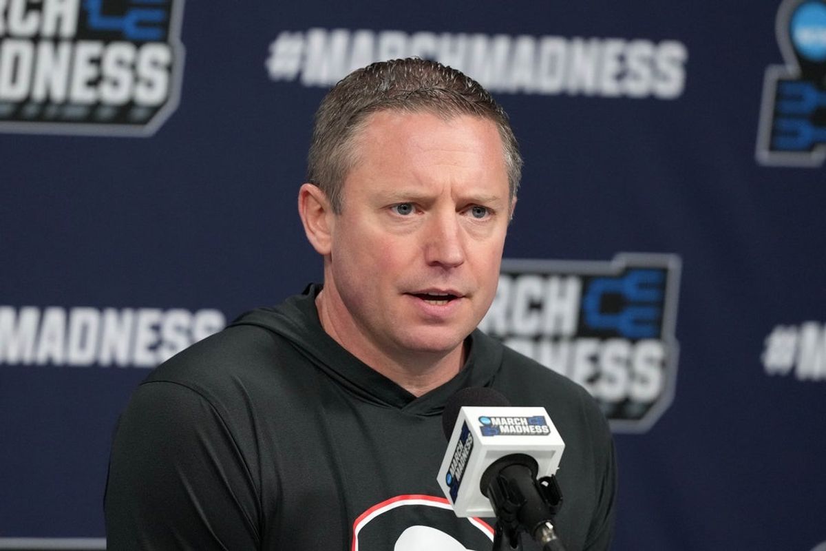 Mar 19, 2025; Wichita, KS, USA; Georgia Bulldogs coach Mike White at press conference at Intrust Bank Arena. Mandatory Credit: Kirby Lee-Imagn Images