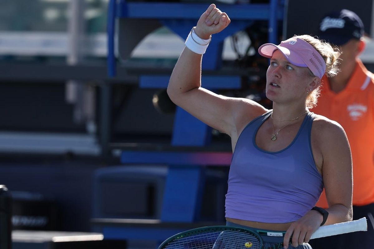 Mar 19, 2025; Miami, FL, USA; Peyton Stearns (USA) celebrates after her match against Katie Boulter (GBR)(not pictured) on day two of the Miami Open at Hard Rock Stadium. Mandatory Credit: Geoff Burke-Imagn Images