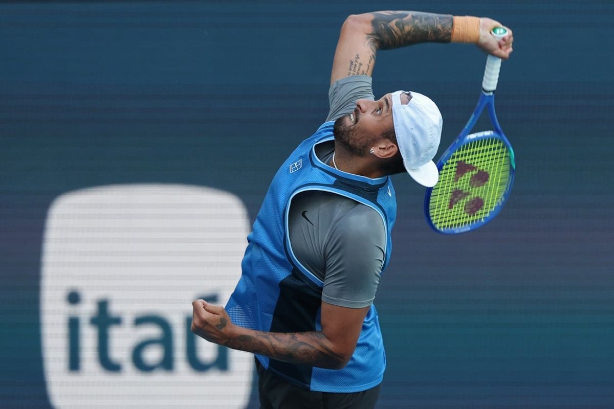 Mar 19, 2025; Miami, FL, USA; Nick Kyrgios (AUS) serves against Mackenzie McDonald (USA)(not pictured) on day two of the Miami Open at Hard Rock Stadium. Mandatory Credit: Geoff Burke-Imagn Images