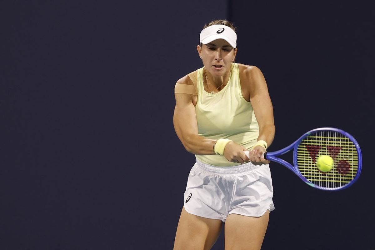 Mar 19, 2025; Miami, FL, USA; Belinda Bencic (SUI) hits a backhand against Dayana Yastremska (UKR)(not pictured) on day two of the Miami Open at Hard Rock Stadium. Mandatory Credit: Geoff Burke-Imagn Images