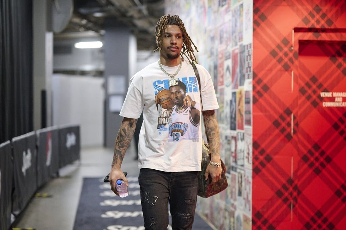 Mar 19, 2025; Portland, Oregon, USA; Memphis Grizzlies forward Brandon Clarke (15) walks to the locker room before a game against the Portland Trail Blazers at Moda Center. Mandatory Credit: Troy Wayrynen-Imagn Images